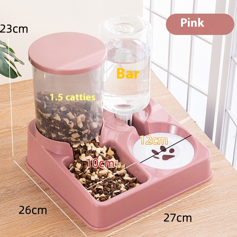 Automatic Pet Feeder and Waterer with Built-in Food Container and Double Water Bowl