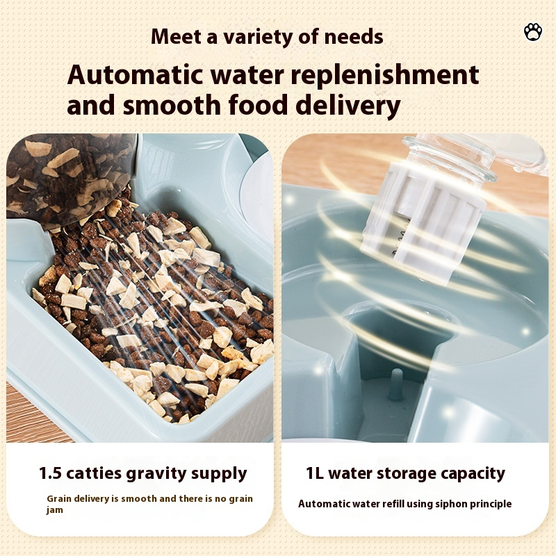Automatic Pet Feeder and Waterer with Built-in Food Container and Double Water Bowl