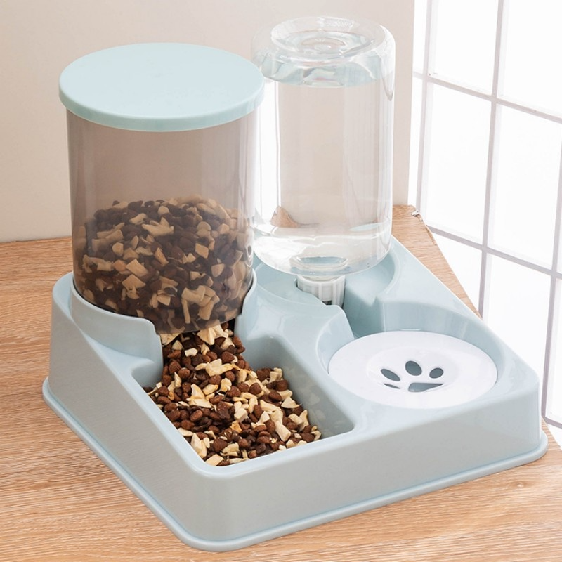 Automatic Pet Feeder and Waterer with Built-in Food Container and Double Water Bowl