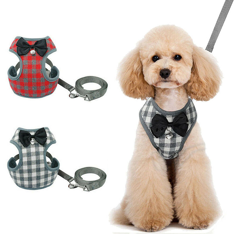 Dog Leash with Plaid Bow Tie and Pet Harness