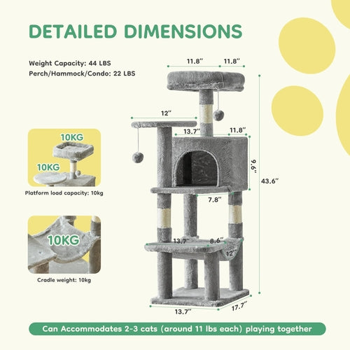 JHK 44In Cat Tree Tall Multi-Cat Climbing Tower for Pet Furniture