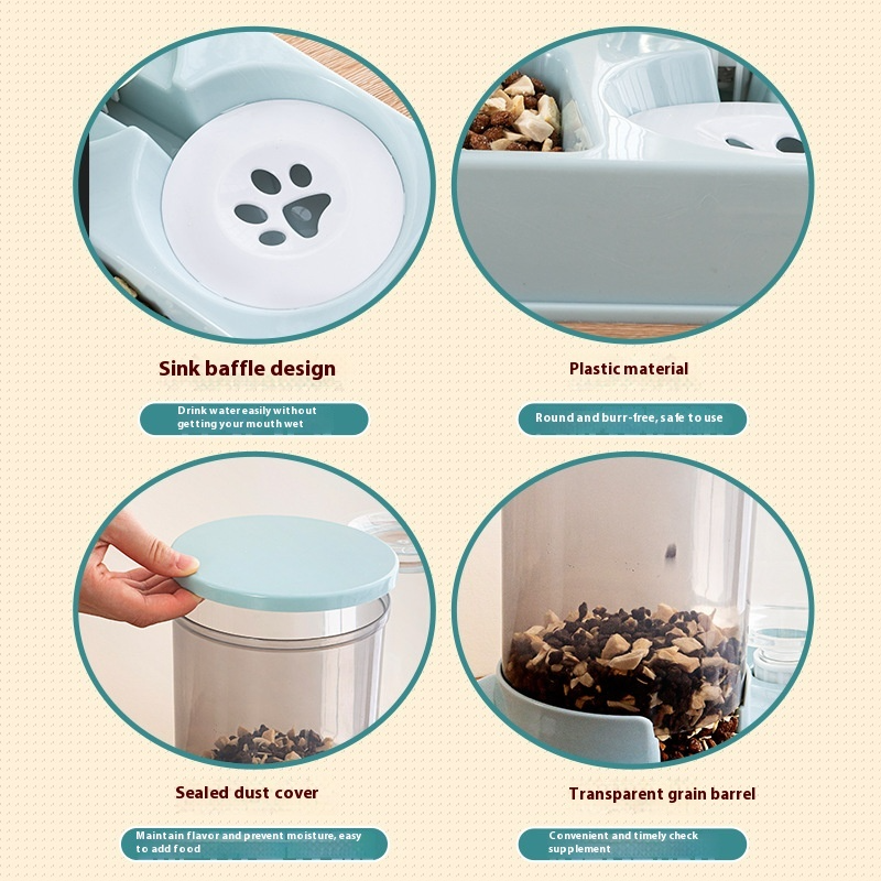 Automatic Pet Feeder and Waterer with Built-in Food Container and Double Water Bowl
