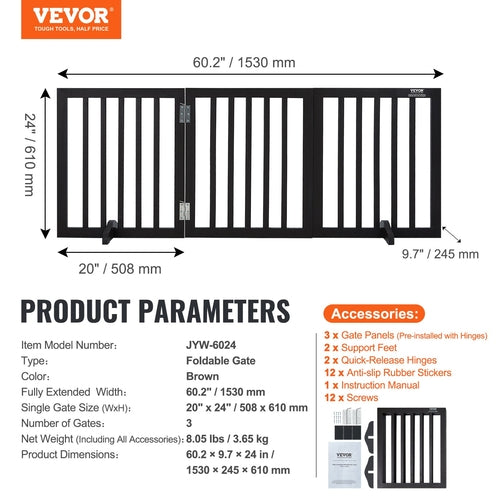 Free Standing Dog Gate, 24in H x 60in W Freestanding Pet Gate, 3