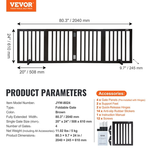 Free Standing Dog Gate, 24 H x 80.3 W Freestanding Pet Gate, 4 Panels