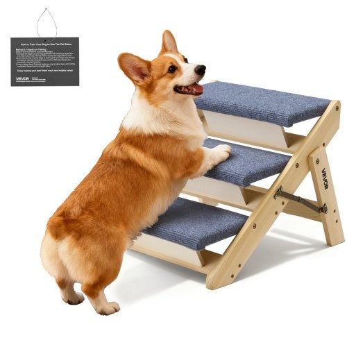 Wood Pet Stairs, 3-Step Dog Stairs for Beds, Sofa & Cars, 68 kg Load