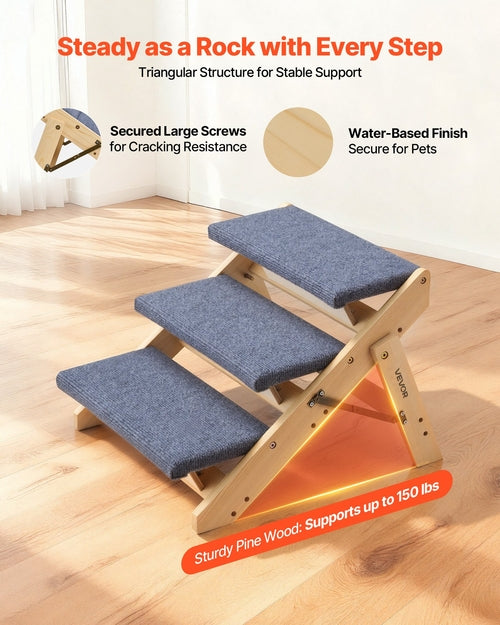 Wood Pet Stairs, 3-Step Dog Stairs for Beds, Sofa & Cars, 68 kg Load