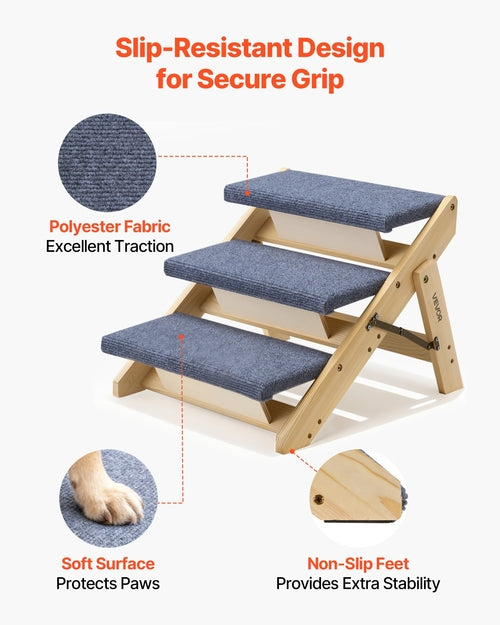 Wood Pet Stairs, 3-Step Dog Stairs for Beds, Sofa & Cars, 68 kg Load