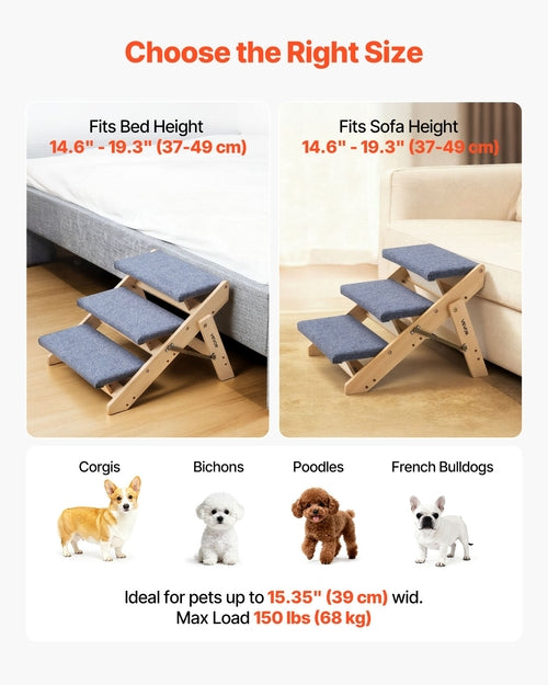 Wood Pet Stairs, 3-Step Dog Stairs for Beds, Sofa & Cars, 68 kg Load