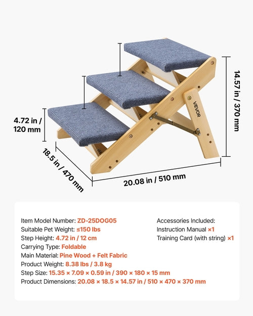 Wood Pet Stairs, 3-Step Dog Stairs for Beds, Sofa & Cars, 68 kg Load