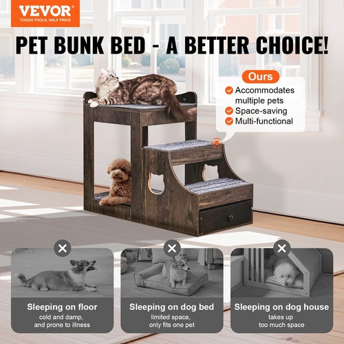 Pet Bunk Bed with Removable Stairs, Dog/Cat Window Perch with Storage,
