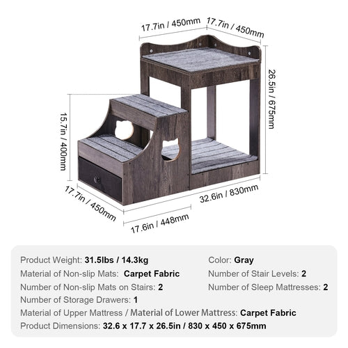 Pet Bunk Bed with Removable Stairs, Dog/Cat Window Perch with Storage,