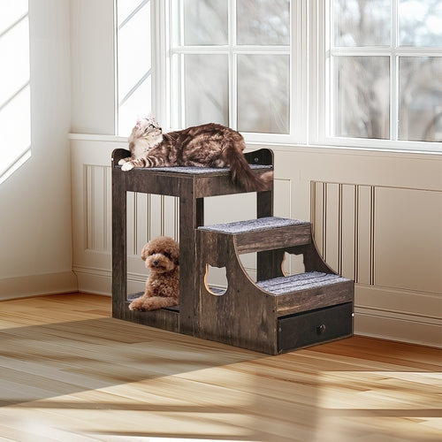 Pet Bunk Bed with Removable Stairs, Dog/Cat Window Perch with Storage,