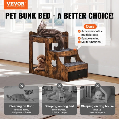 Pet Bunk Bed with Removable Stairs, Dog/Cat Window Perch with Storage,