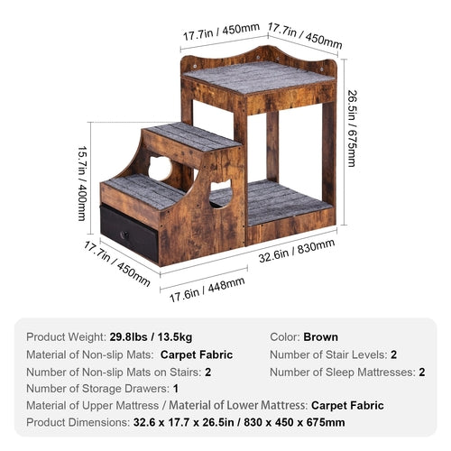 Pet Bunk Bed with Removable Stairs, Dog/Cat Window Perch with Storage,