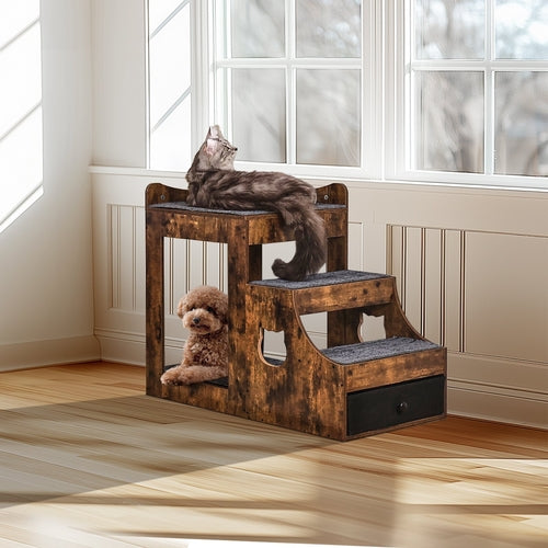 Pet Bunk Bed with Removable Stairs, Dog/Cat Window Perch with Storage,