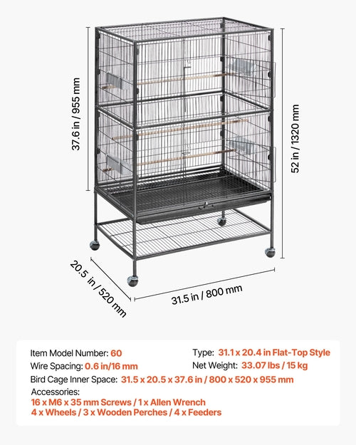Bird Cage, 800 x 520 x 1320mm, Flat Top, Wrought Iron Bird Flight Cage