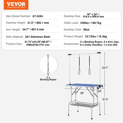 Pet Grooming Table Two Arms with Clamp, 915 x 610mm Dog Grooming