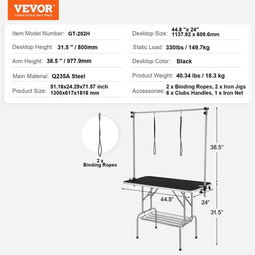 Pet Grooming Table Two Arms with Clamp, 117cm Dog Grooming Station,