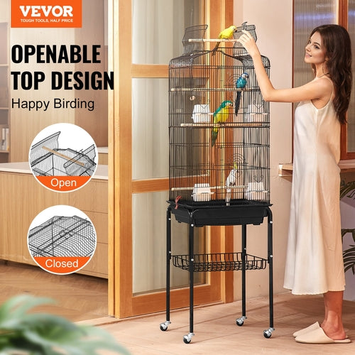 Large Bird Cage, 62 in, Open Top Parakeet Cage with Rolling Stand,
