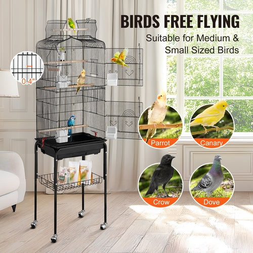 Large Bird Cage, 62 in, Open Top Parakeet Cage with Rolling Stand,