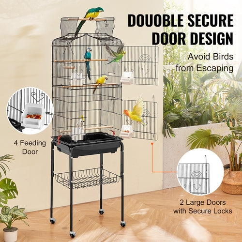 Large Bird Cage, 62 in, Open Top Parakeet Cage with Rolling Stand,