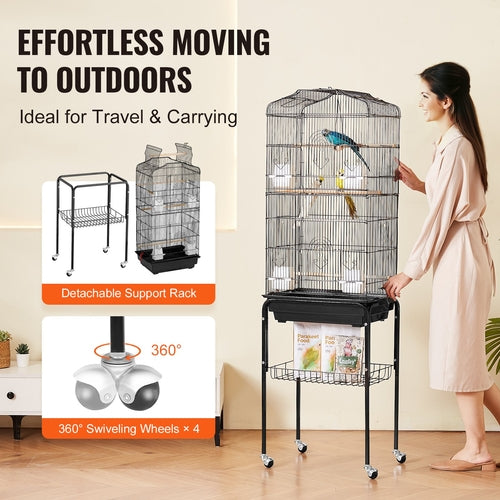 Large Bird Cage, 62 in, Open Top Parakeet Cage with Rolling Stand,