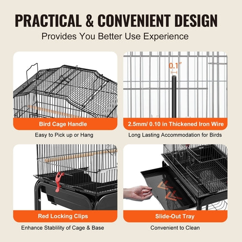 Large Bird Cage, 62 in, Open Top Parakeet Cage with Rolling Stand,